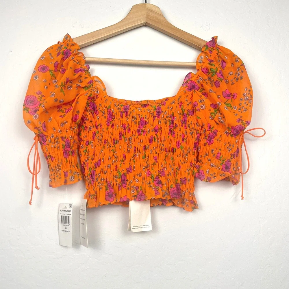 NWT For Love & Lemons Peony Smocked Crop Top in Tangerine Size XS - Picture 3 of 10